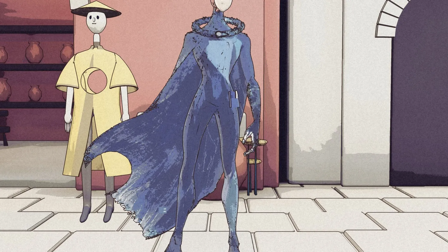 Kai in the shop doorway with the locked look; the cape is navy ink.