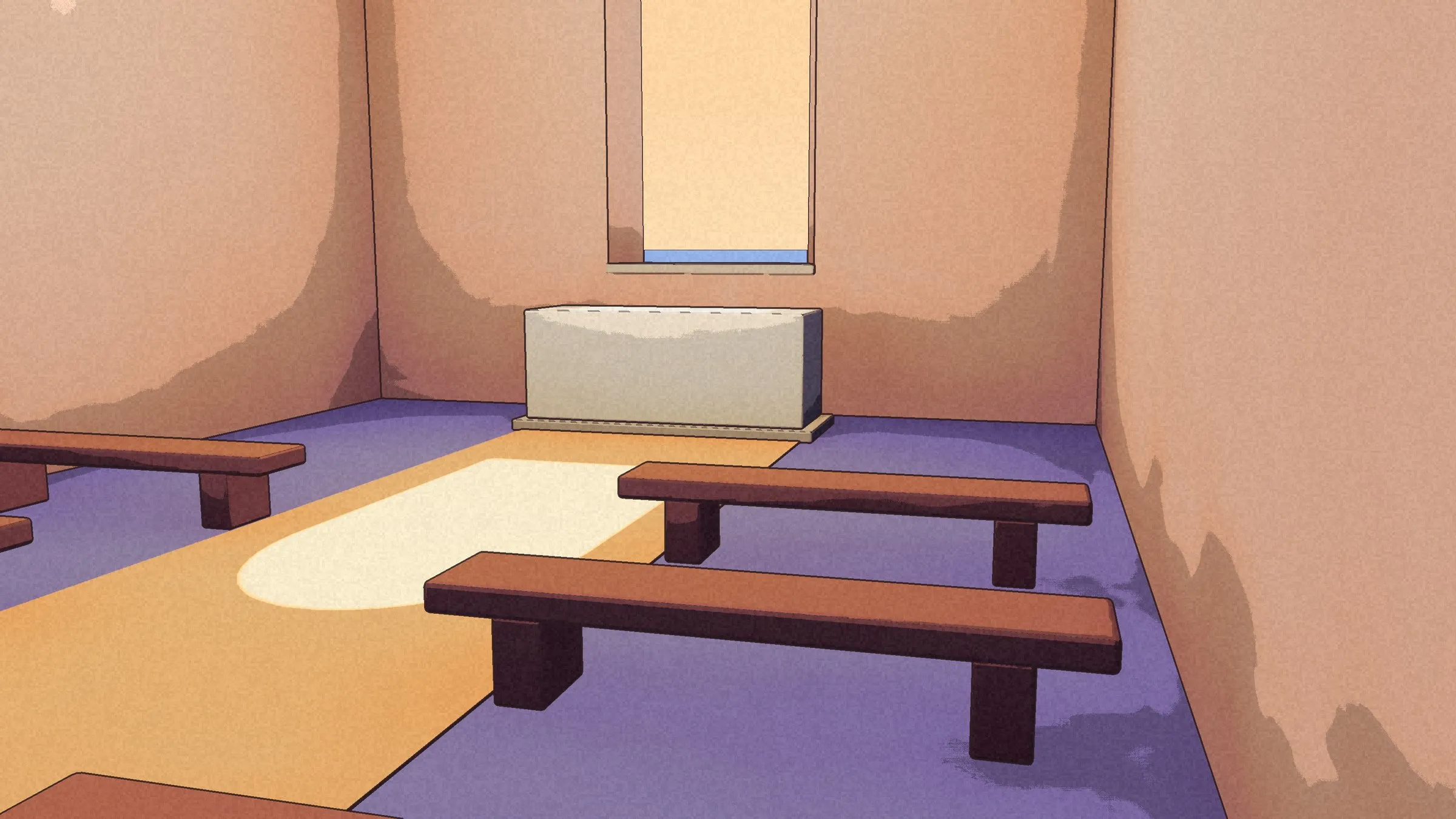 Benches from the side, the sun patch on the floor, the altar block under the window.
