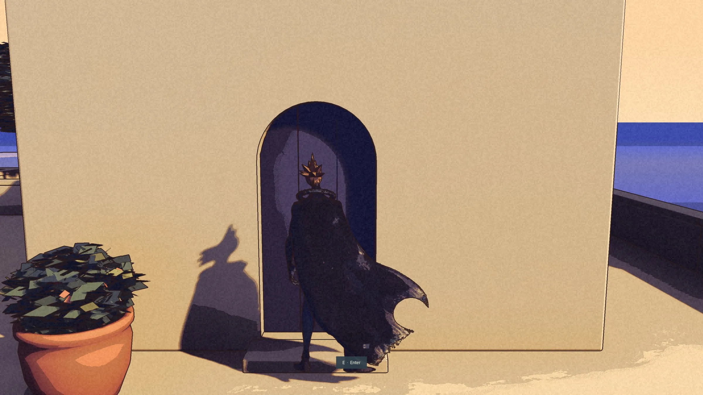 Kai at the chapel's navy door, a small prompt to enter at his feet.
