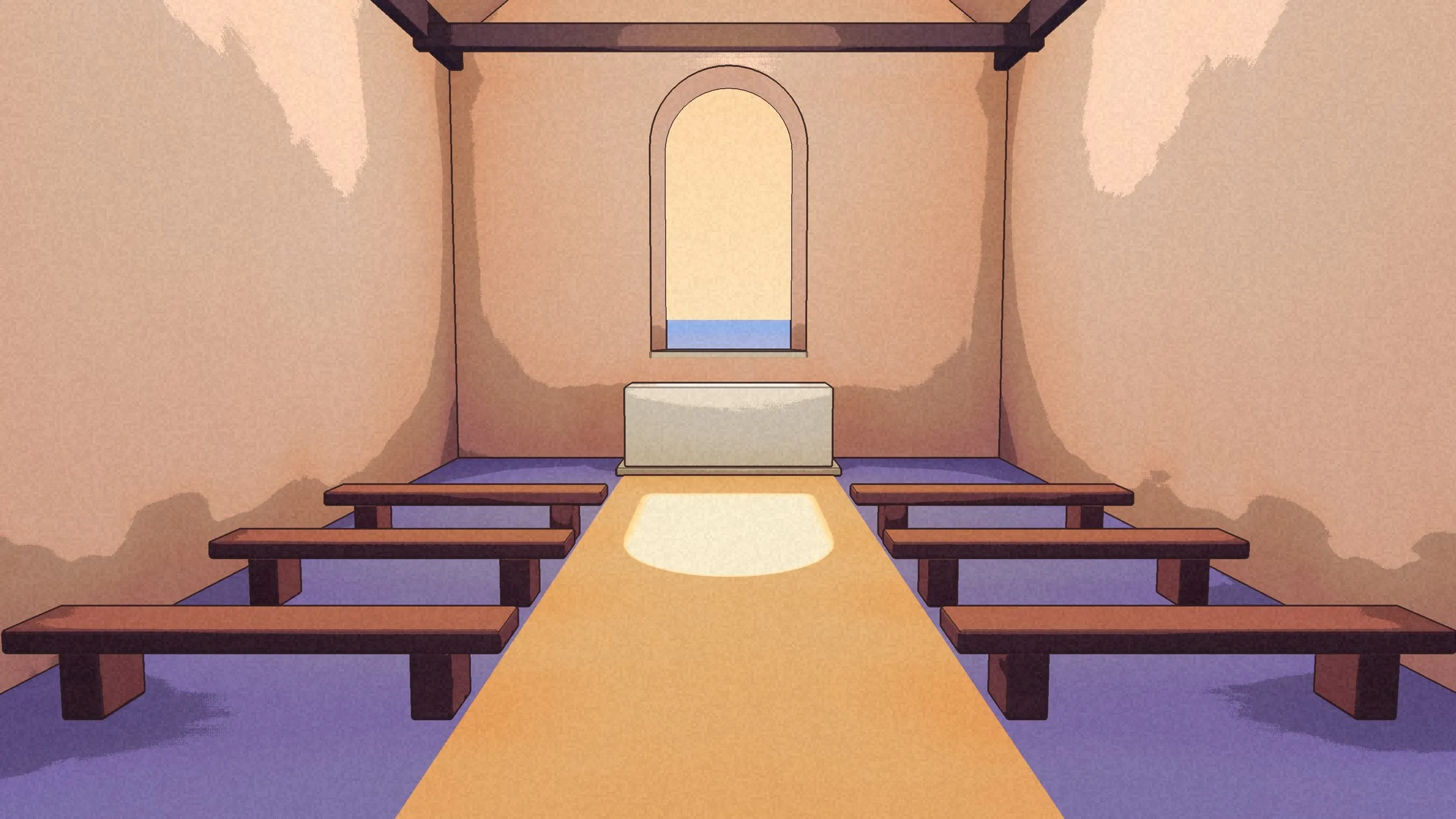 The chapel from the door: an aisle of warm light, benches, lavender floor, the window over the altar block.