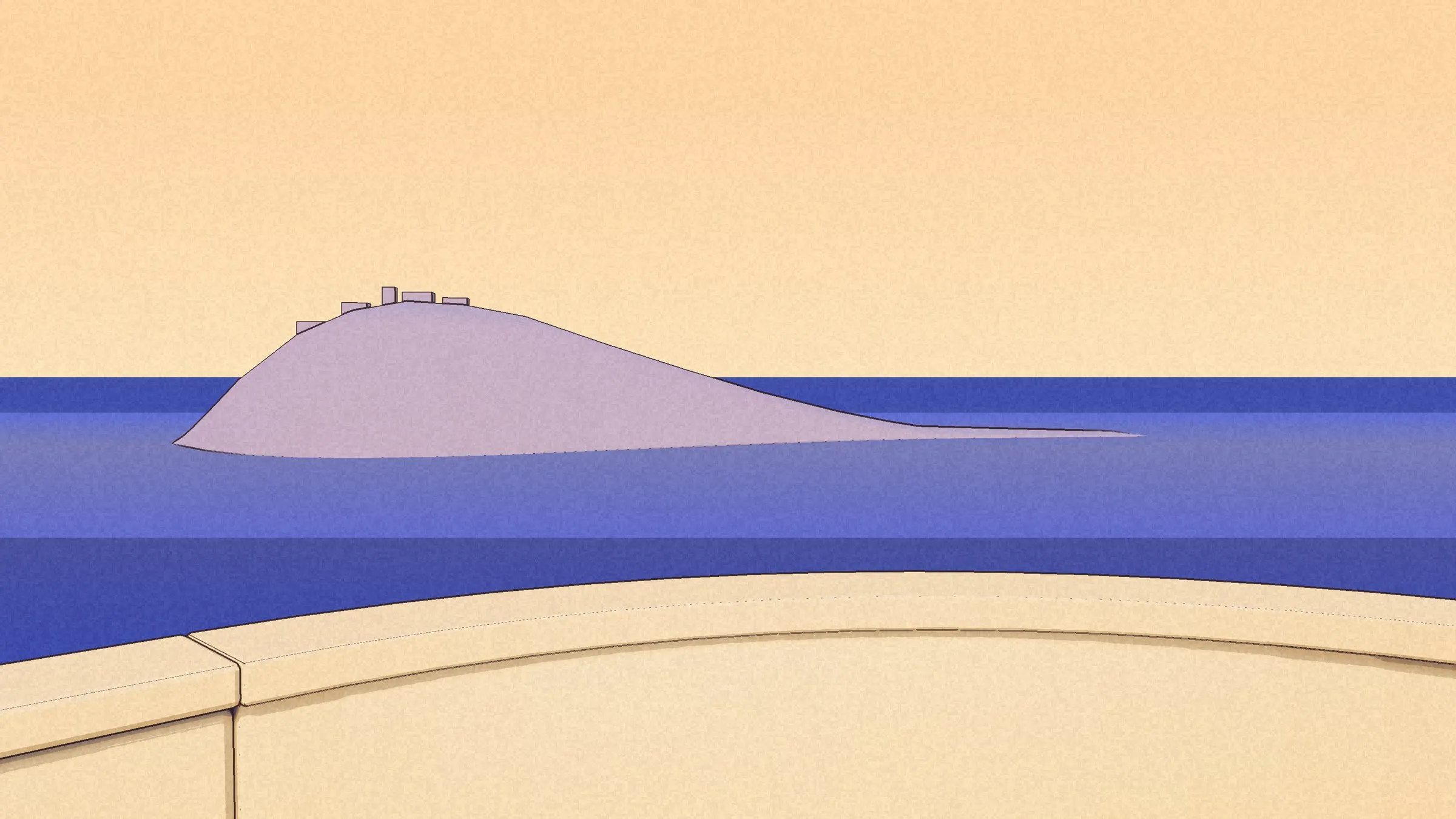 The lavender headland across the bay, seen over the curved parapet of the lookout.