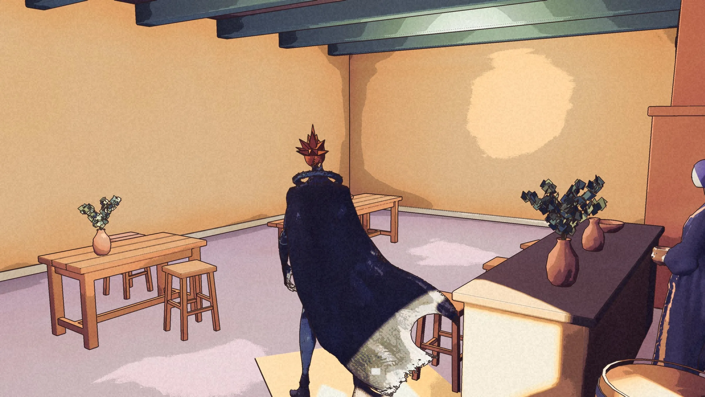 Kai from behind inside the tavern, tables and the bar ahead.