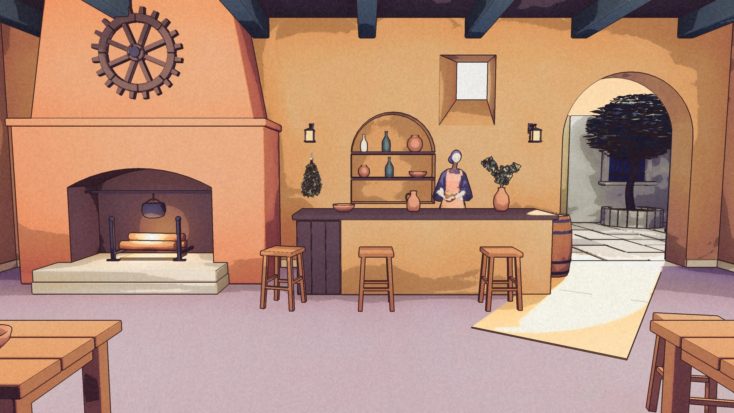 The tavern: a coral hearth with a cog wheel above it, teal beams, a bar with stools, an arch to the sunlit yard.