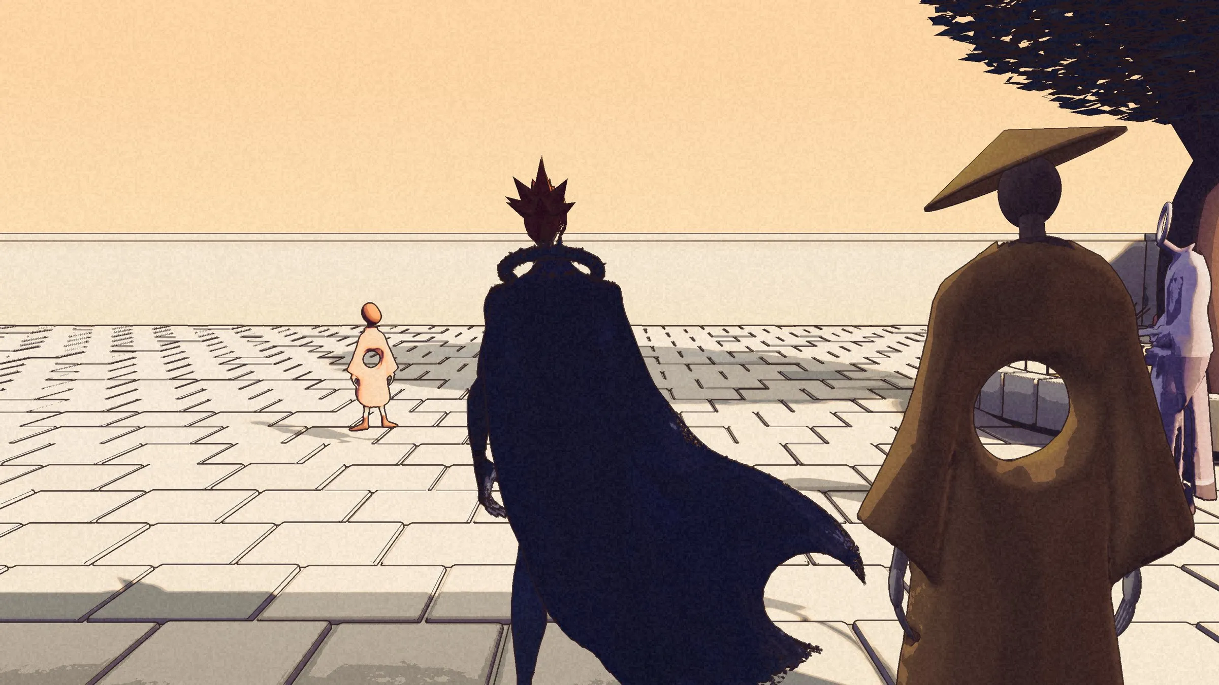 Kai from behind in the courtyard, his cape blowing, the Shopkeeper and Child nearby.