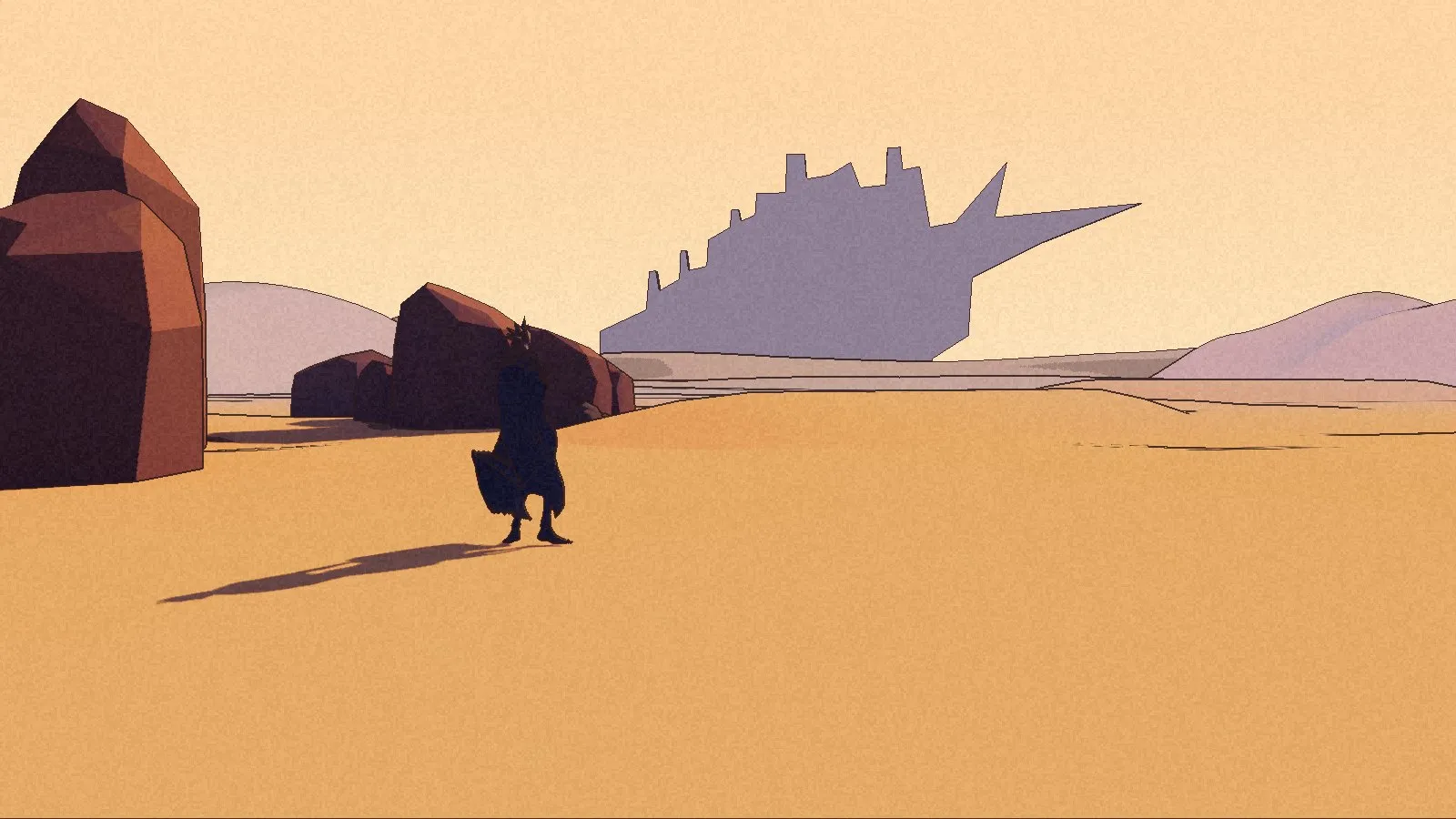 Kai small in the opening desert of the current build, rocks on the left.