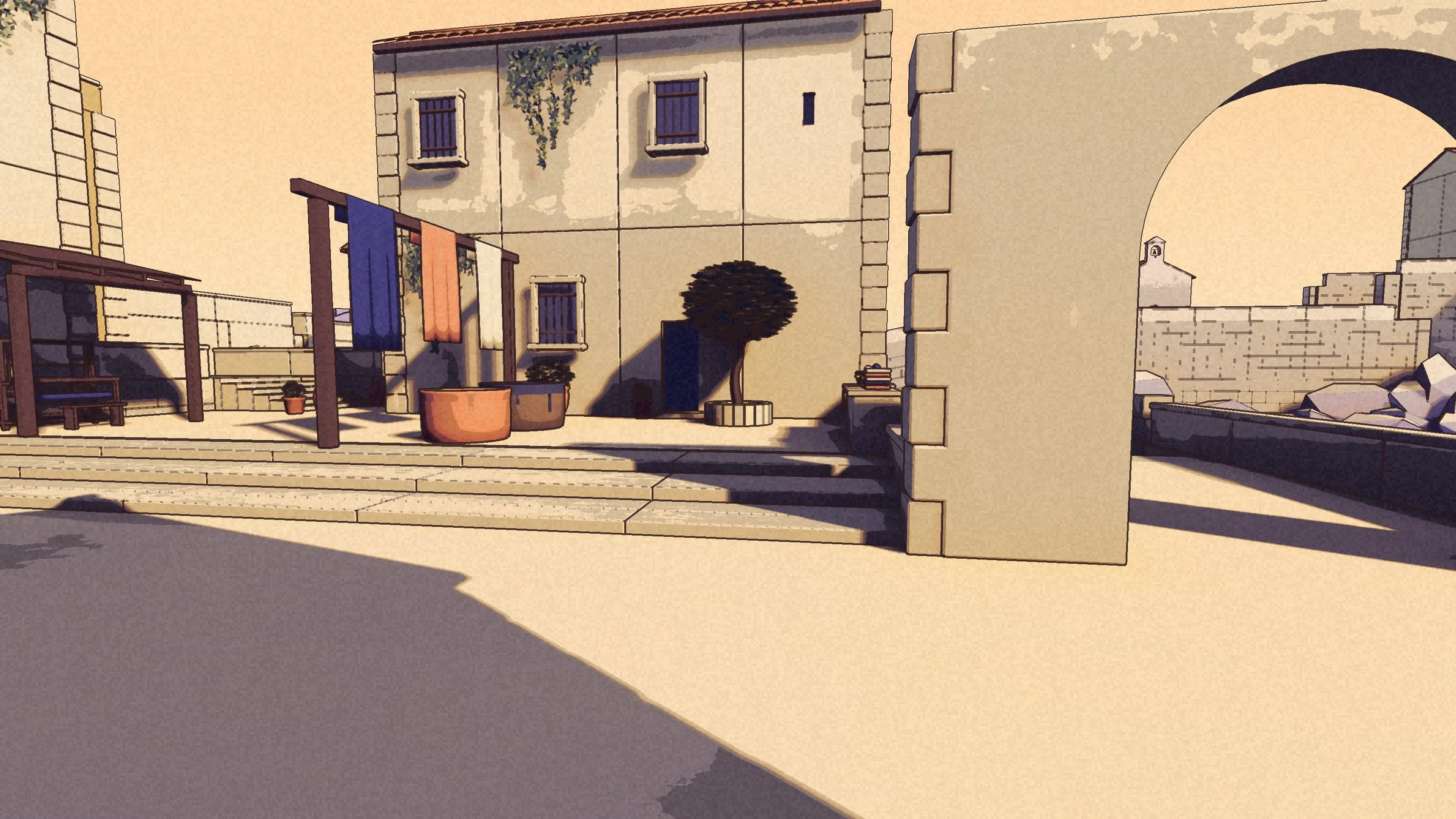 The stepped court in sun: a drying frame with indigo and coral cloths, a clay vat, a clipped tree, an arch.