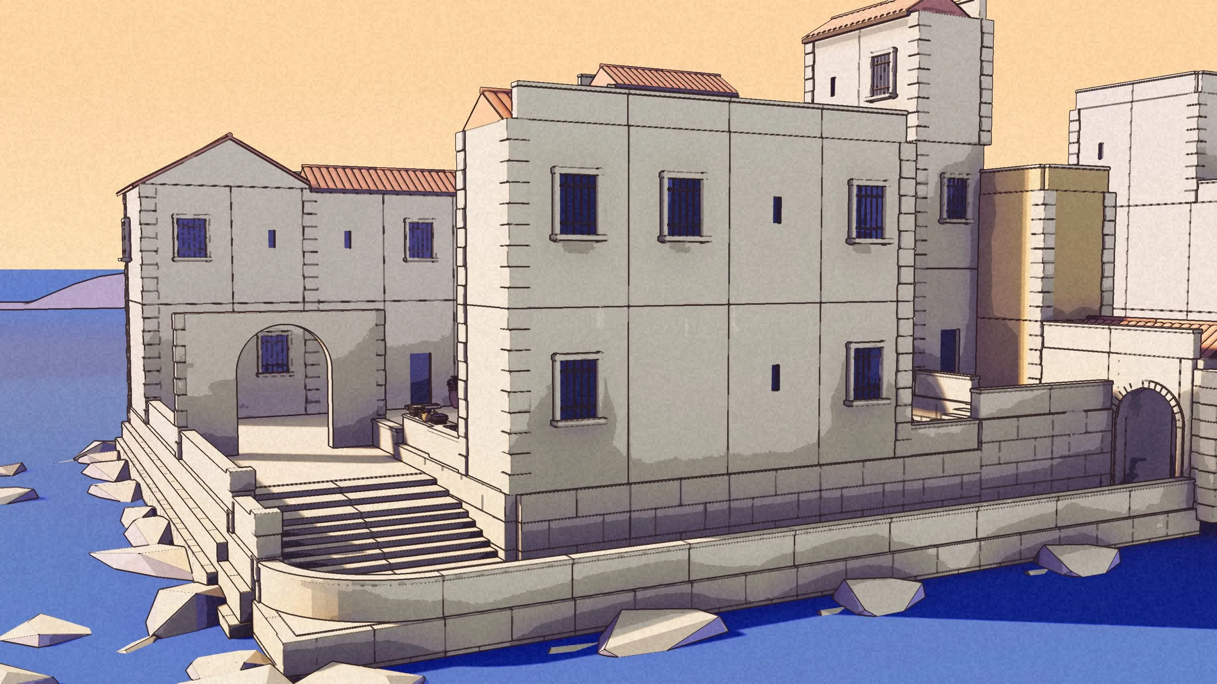 The court's buildings from the church terrace across the water, a stair down to the quay.