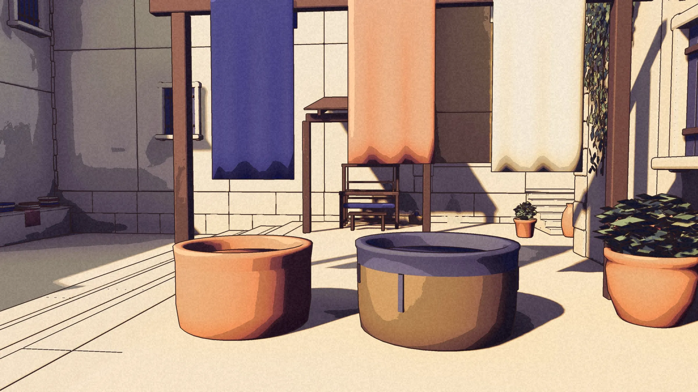 Two dye vats, terracotta and ochre, under hanging indigo, coral and cream cloths and a loom.