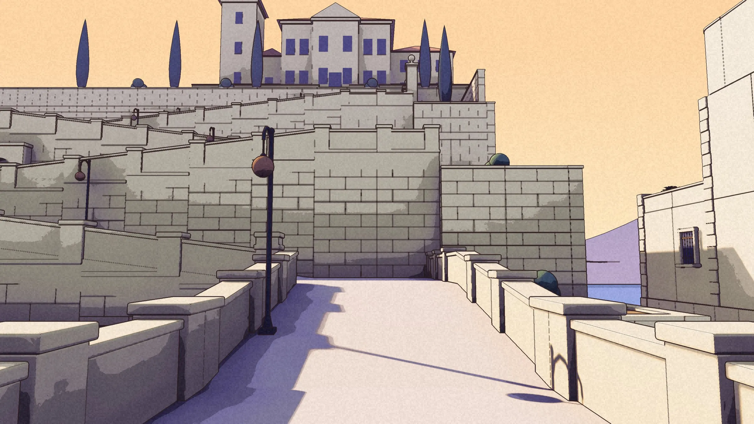 The road from below: tiers of retaining walls with lamps, cypresses and the estate house at the top.