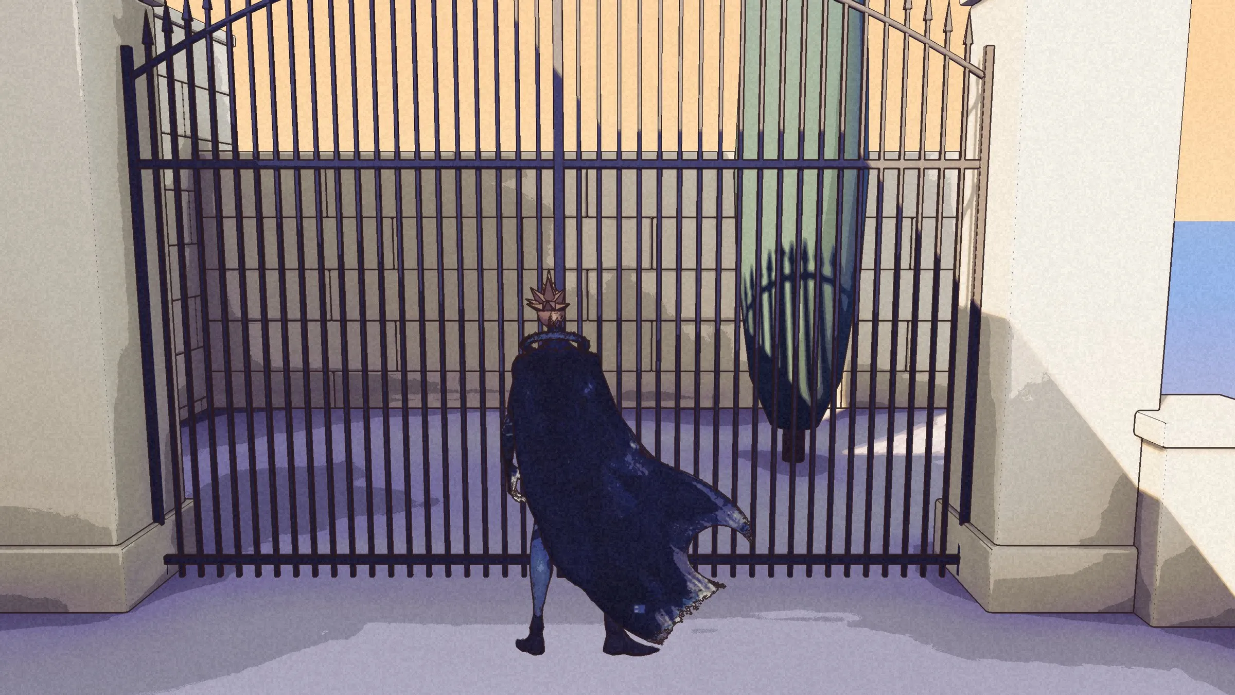 Kai at the shut iron gate of the Lumina estate, a cypress behind the bars.