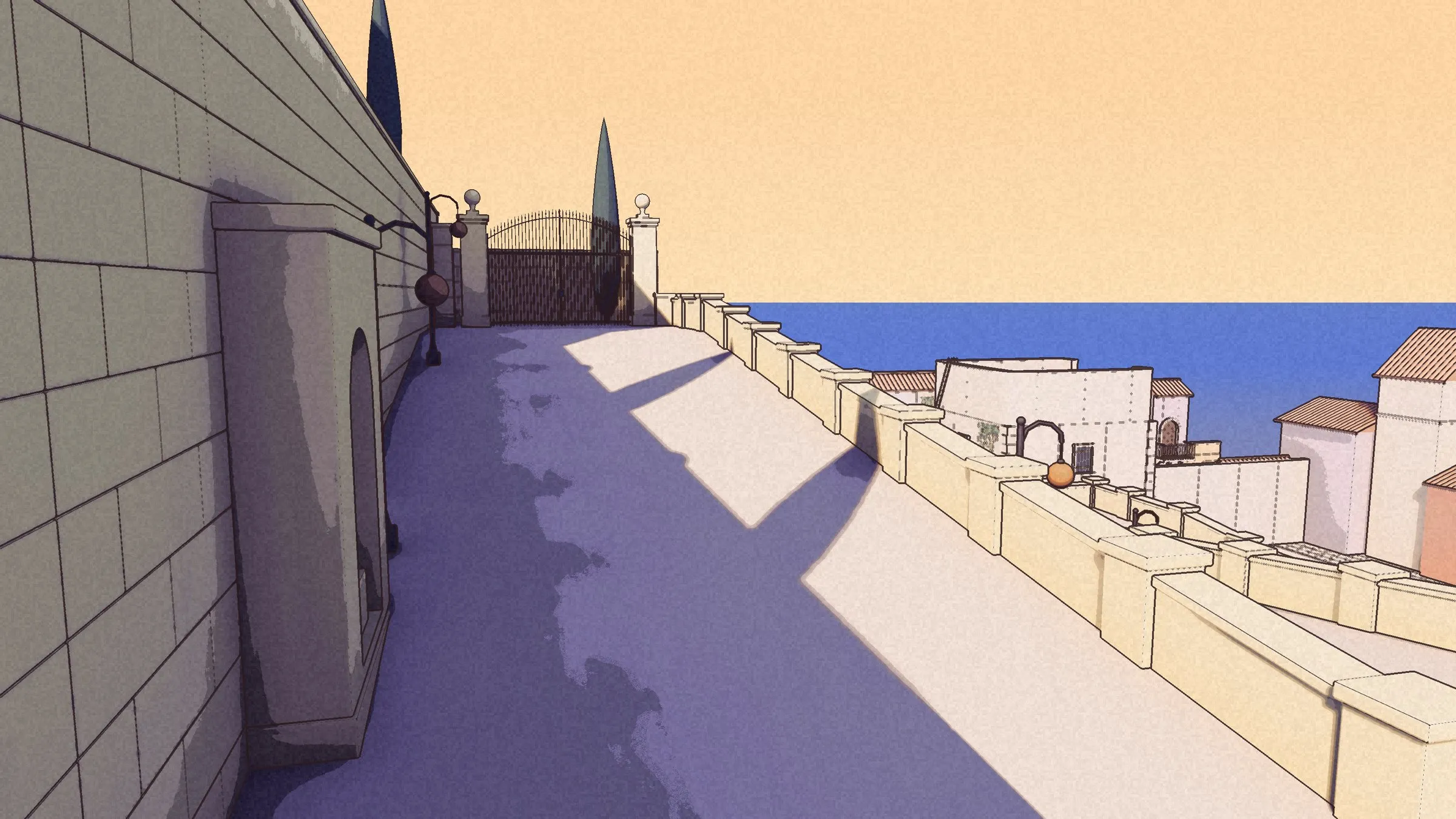 The road climbing along a high wall to a shut iron gate, a parapet over the sea on the right.