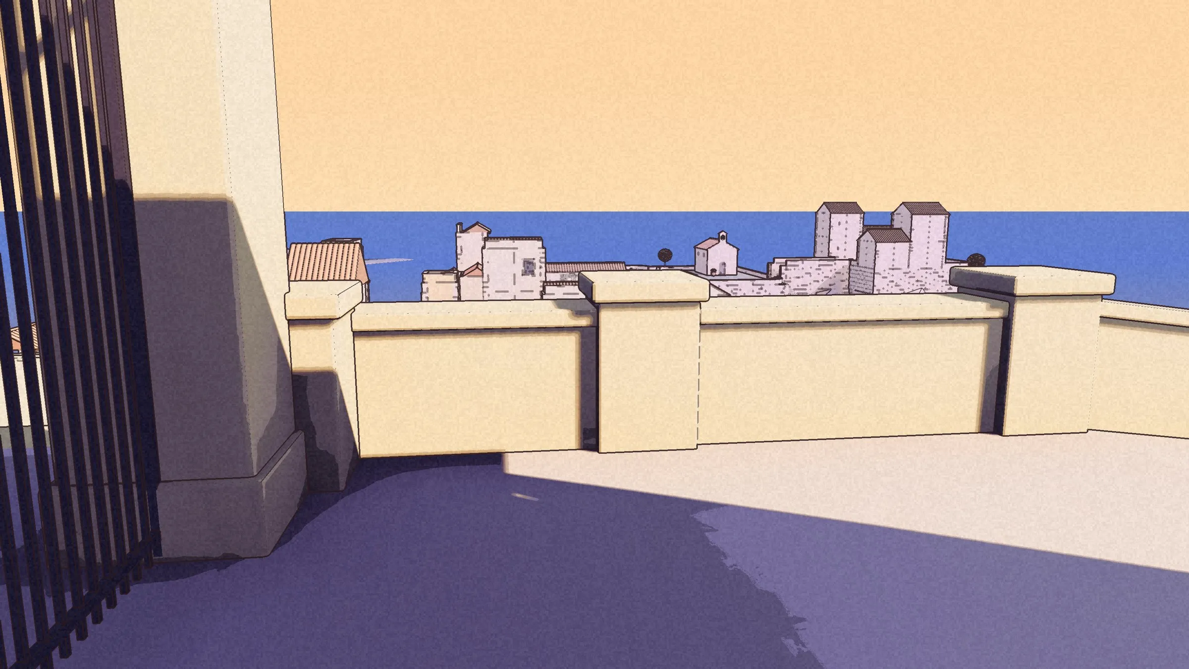 From the gate, the parapet and the town and sea beyond.