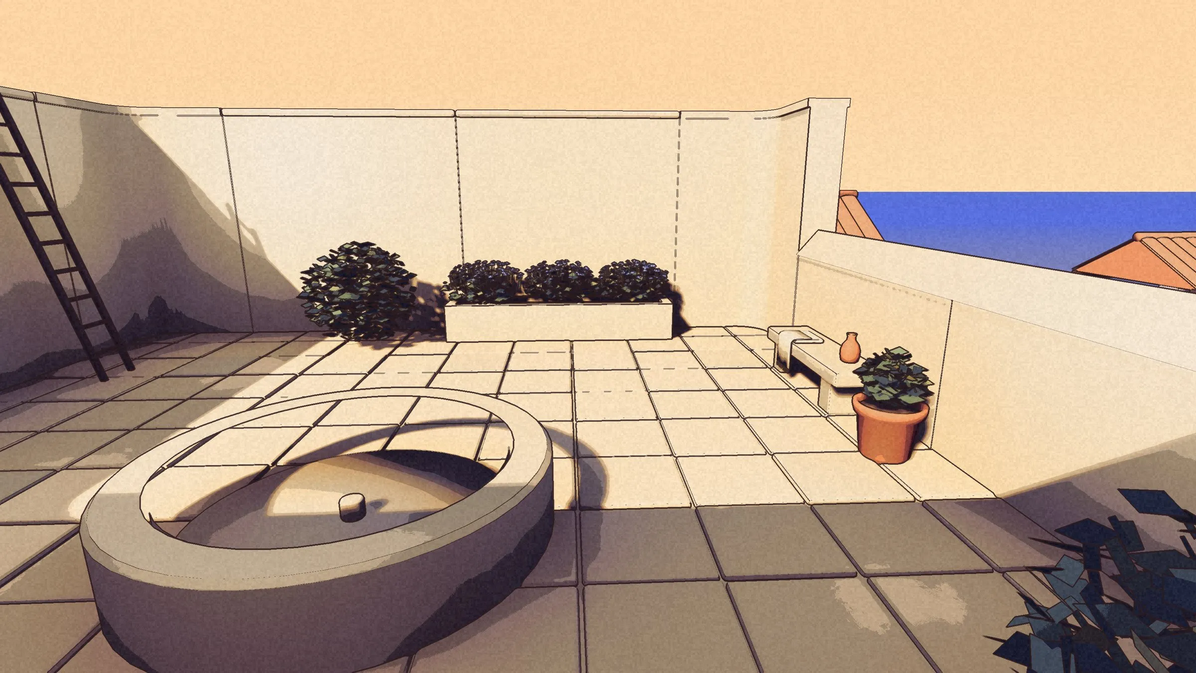 The garden from the ladder: a dry stone fountain, flower beds, a bench by the far wall.