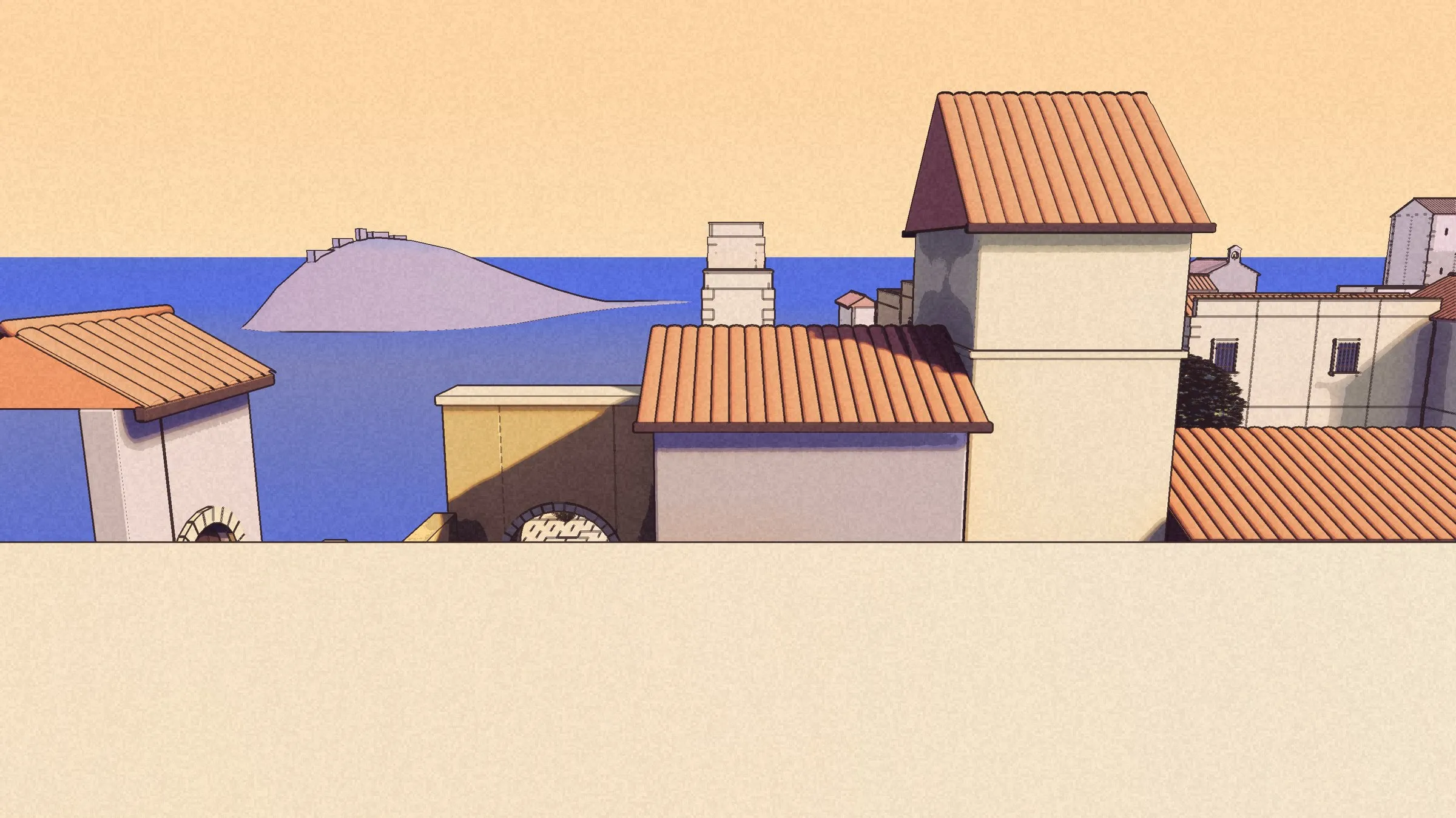 Rooftops below the garden wall and the lavender headland across the blue bay.