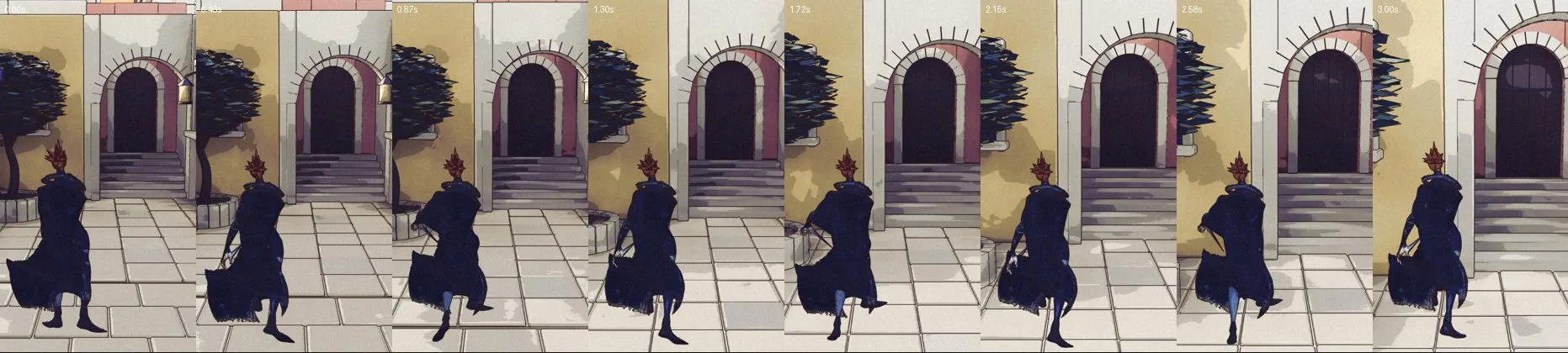 The walk, eight frames 0.43 seconds apart, from the batch 9 build of 25 October. Before the second pass of 26 October.