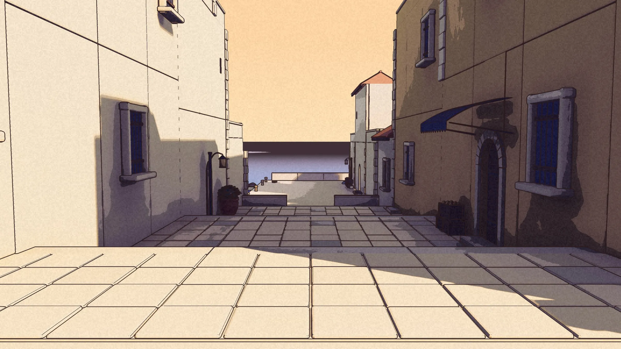 The lane from the courtyard end: pale and ochre house fronts, a blue awning, the sea at the bottom.