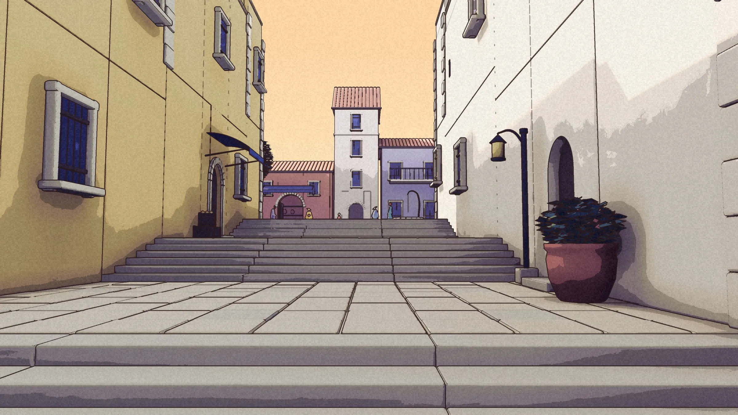 Looking back up the lane steps toward the courtyard clock tower.