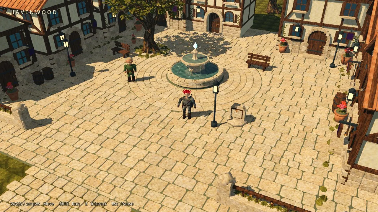 Three-dimensional village square with half-timbered houses and a fountain, from the Godot build.