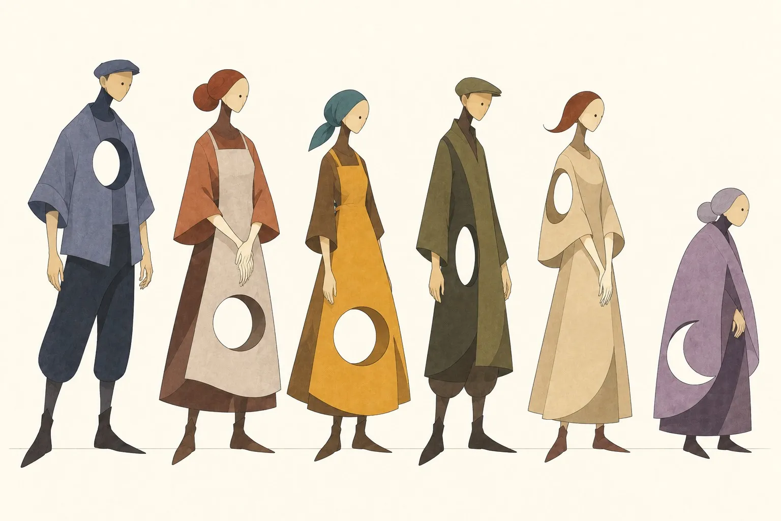 Drawing of six figures: Sal in slate blue, Rowan in a pale apron, Frida in ochre with a teal scarf, Tom in an olive coat, Anna in cream, Grandmother Edith in lavender.