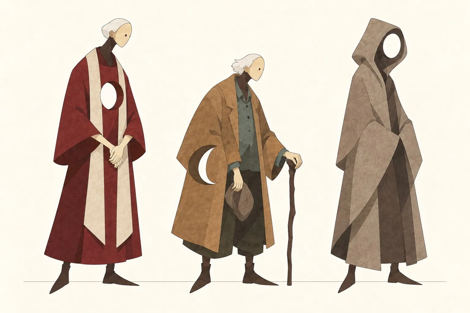 Drawing of three figures: Father Silas in a red robe with a cream stole, Old Ferris in an ochre coat with a cane, the Hooded Stranger in a taupe cloak.