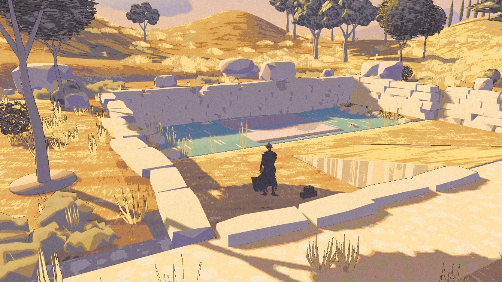Kai above a rectangular pool inside stacked stone walls, surrounded by golden grass.
