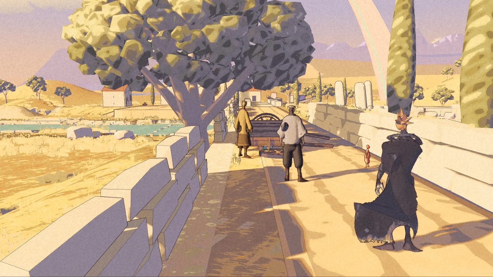 Kai approaches three figures and a broken cart beneath an olive tree.