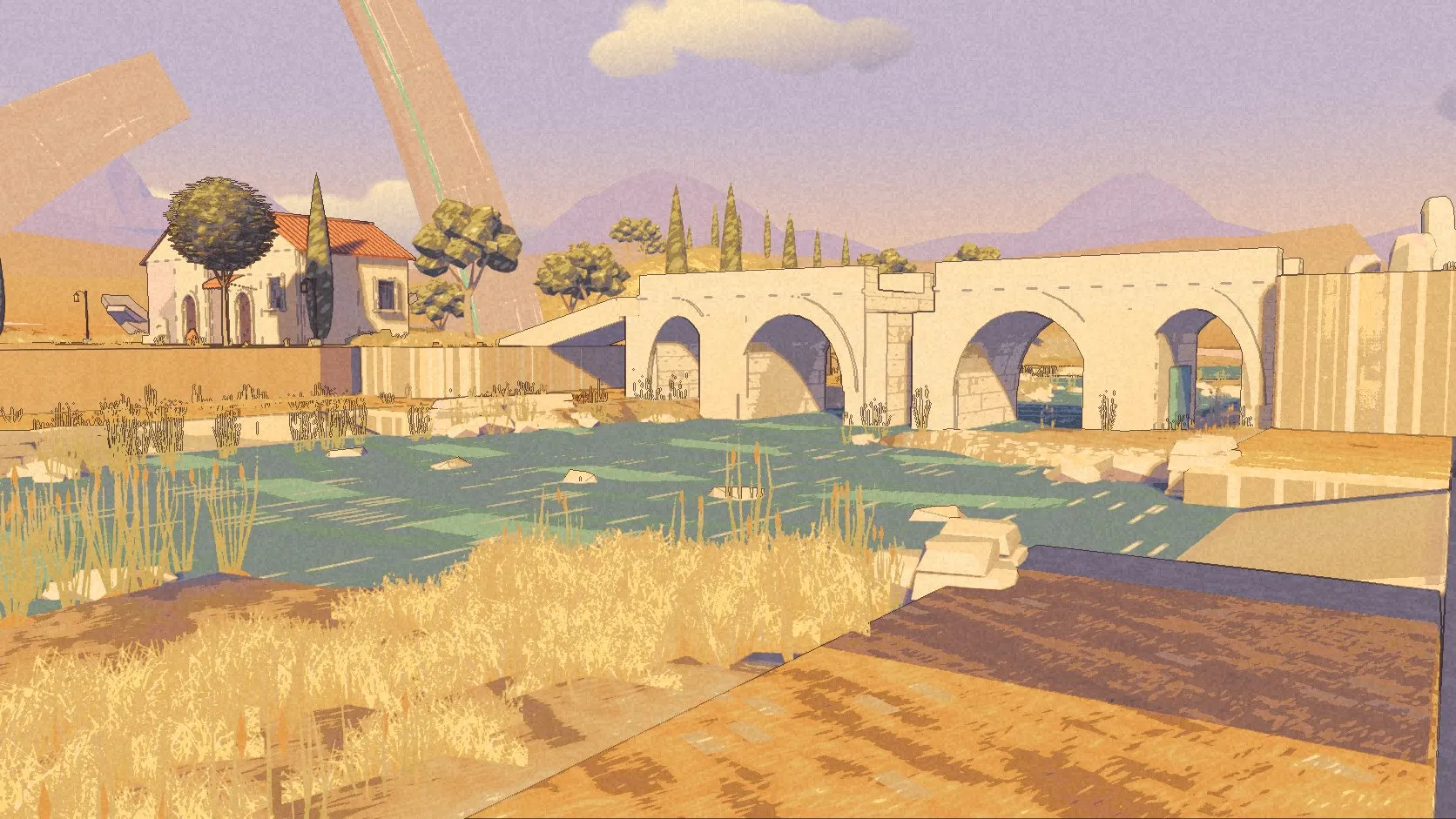 Turquoise water and reeds beneath pale river arches, with the Arc rising beyond.