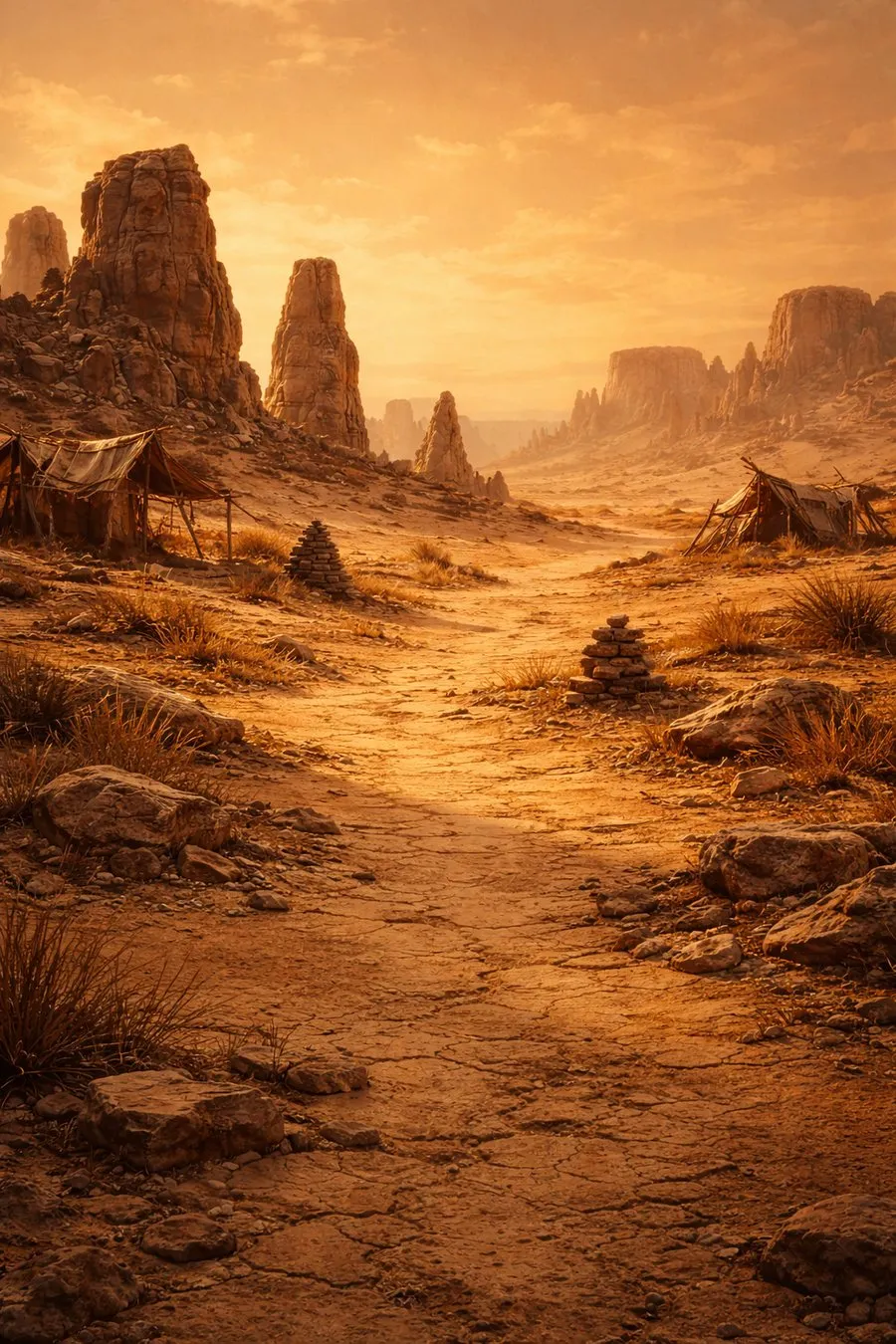 A painted desert canyon at dusk, a path between rock walls.