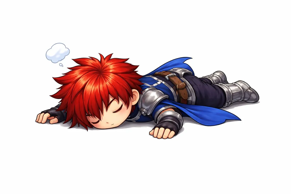 A pixel sprite of Kai face down, asleep, a small cloud above his head.
