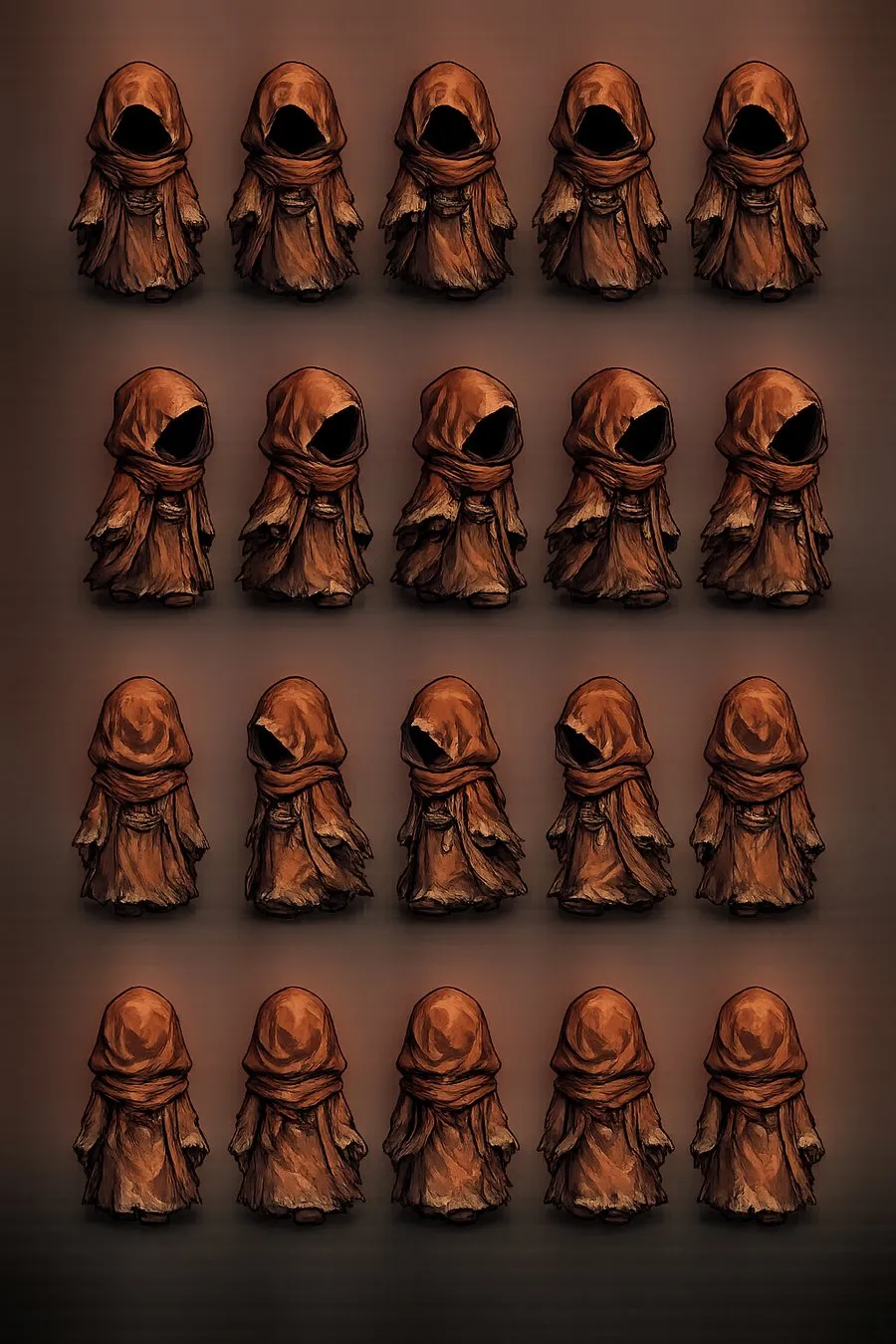 A sheet of small hooded figures in brown cloaks, walking, from four sides.