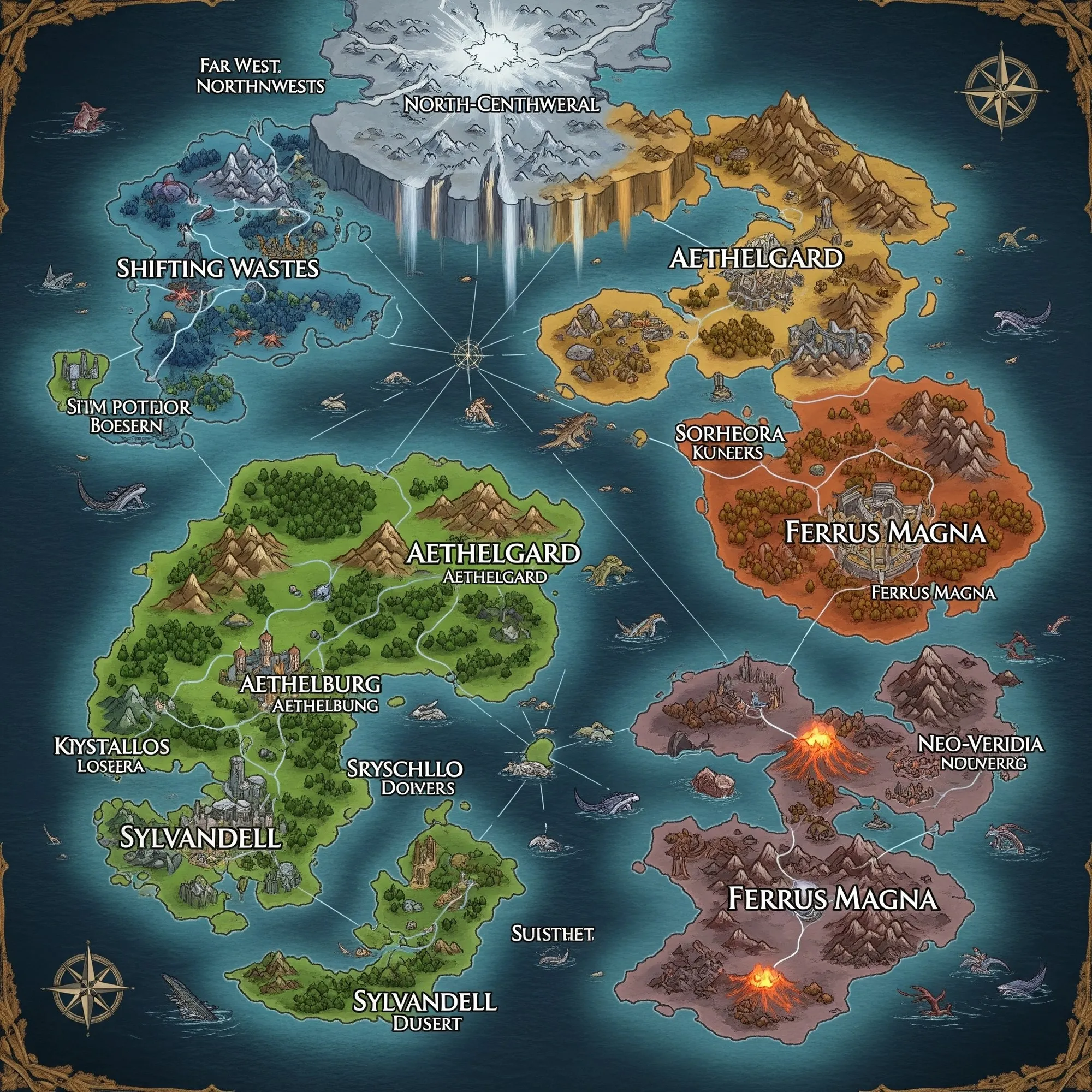 A painted fantasy map of island continents: the Shifting Wastes, Aethelgard, Ferrus Magna, Sylvandell, with sea creatures in the water.