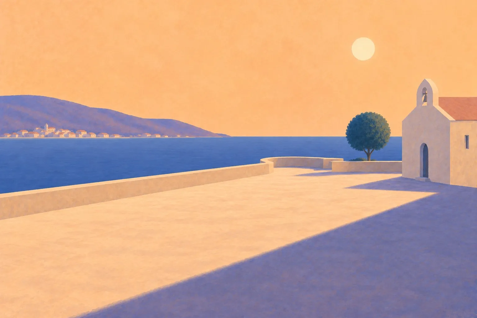 Painting of the church square on the headland, looking back over the bay.