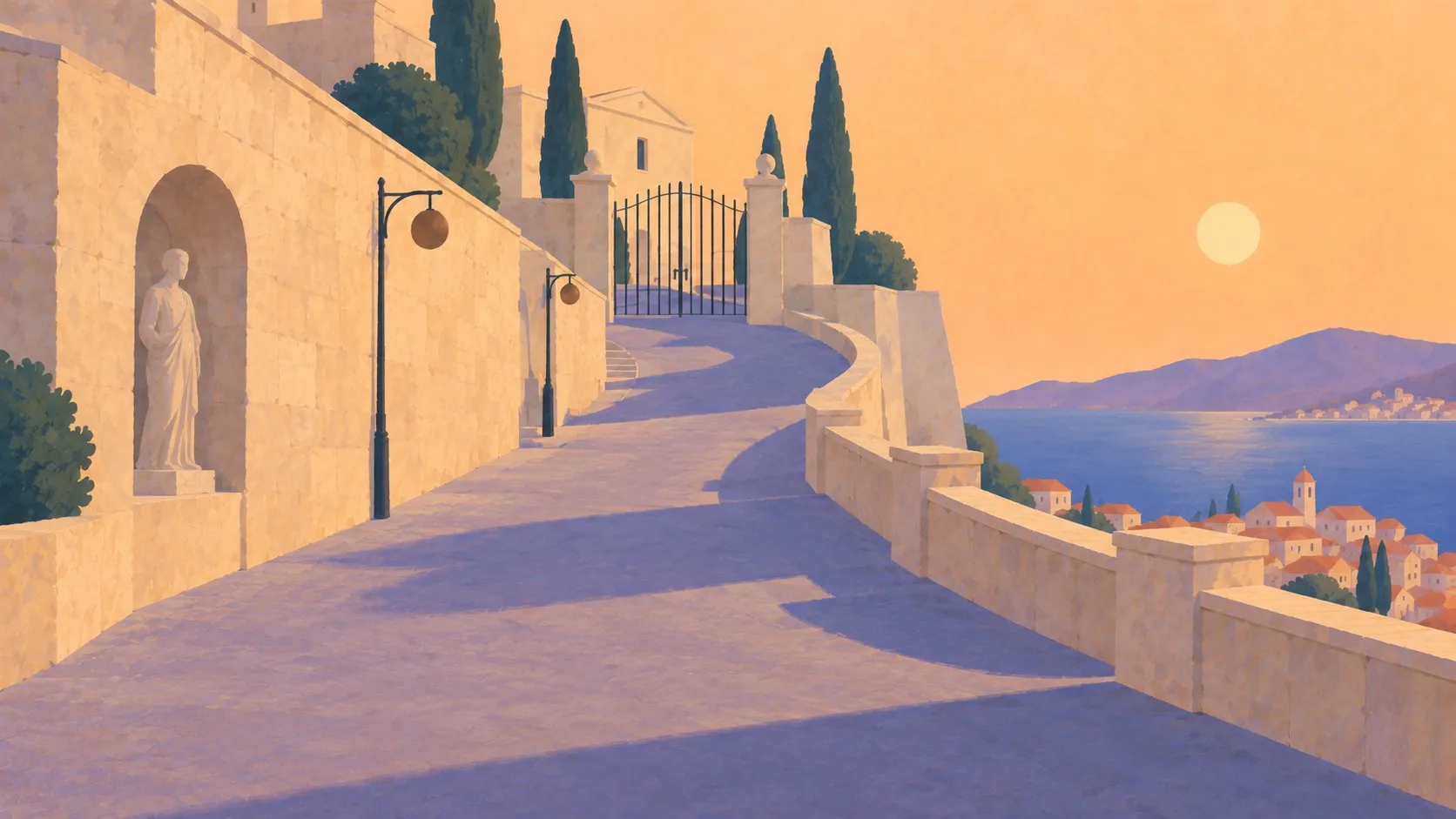 Painting of the estate approach: a winding road, a statue in an alcove, lamps, a shut gate, the town and bay below.