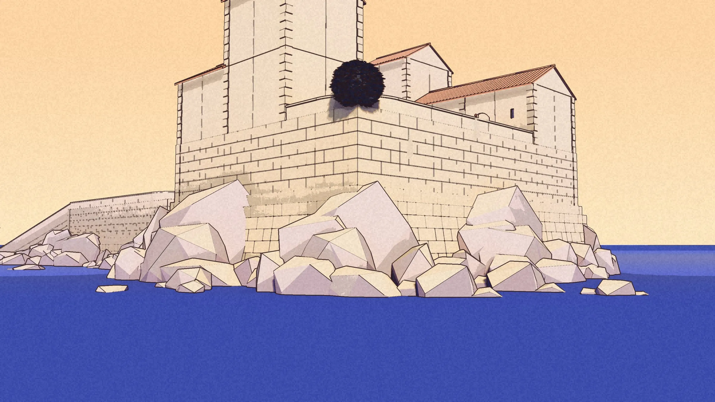 The hill village from the sea: walls on a rocky shore, gable houses and a round tree above.