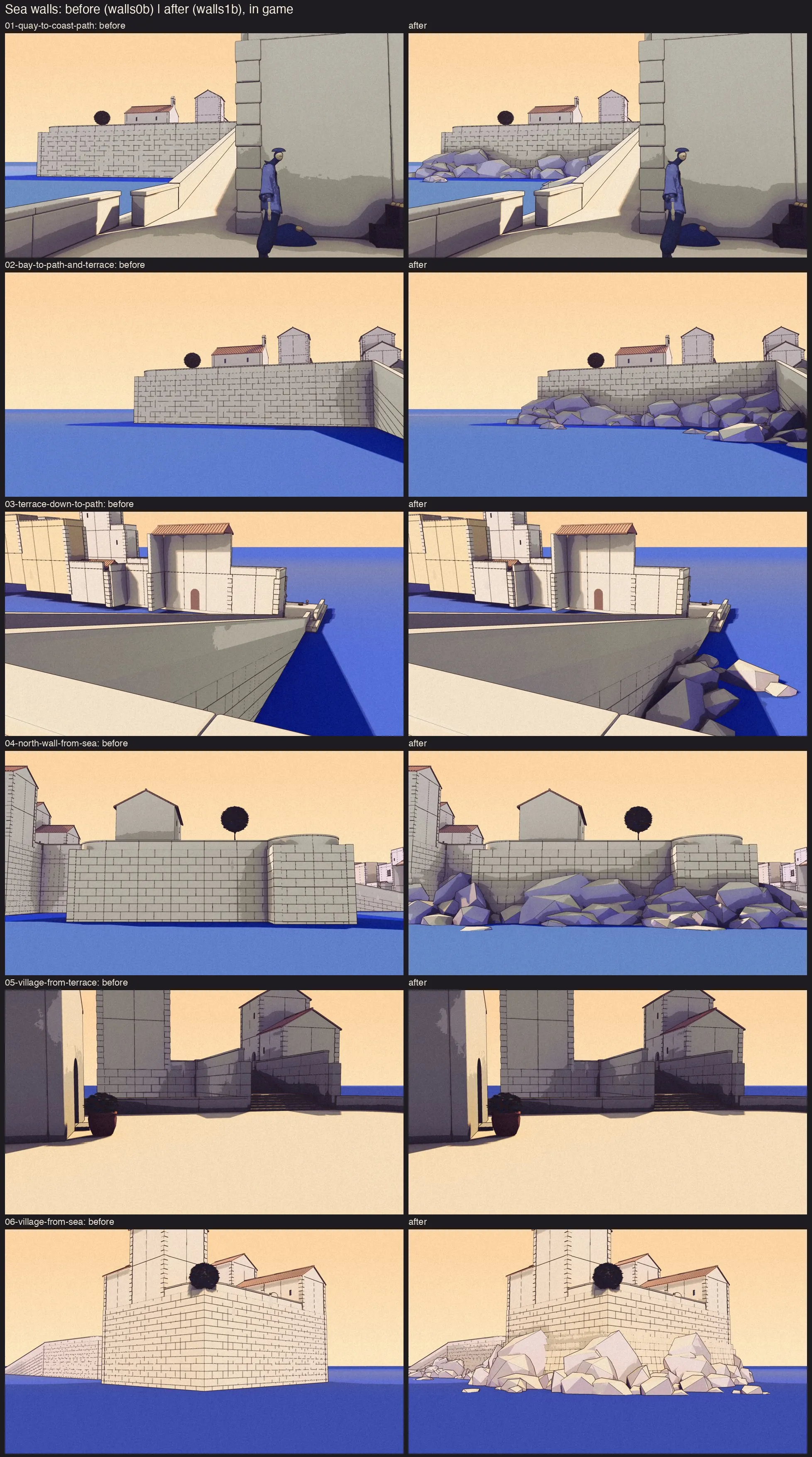 Before and after: the sea walls without and with rock at the waterline.