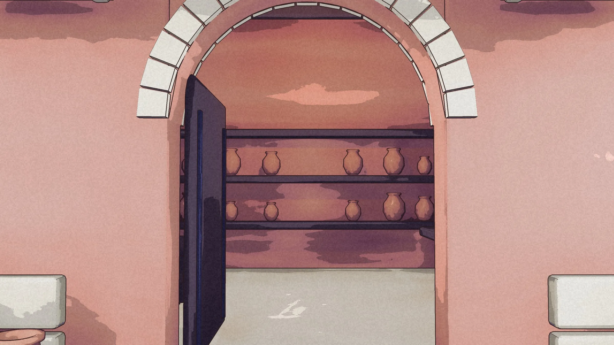 The shop door open under its stone arch, shelves of jars inside.