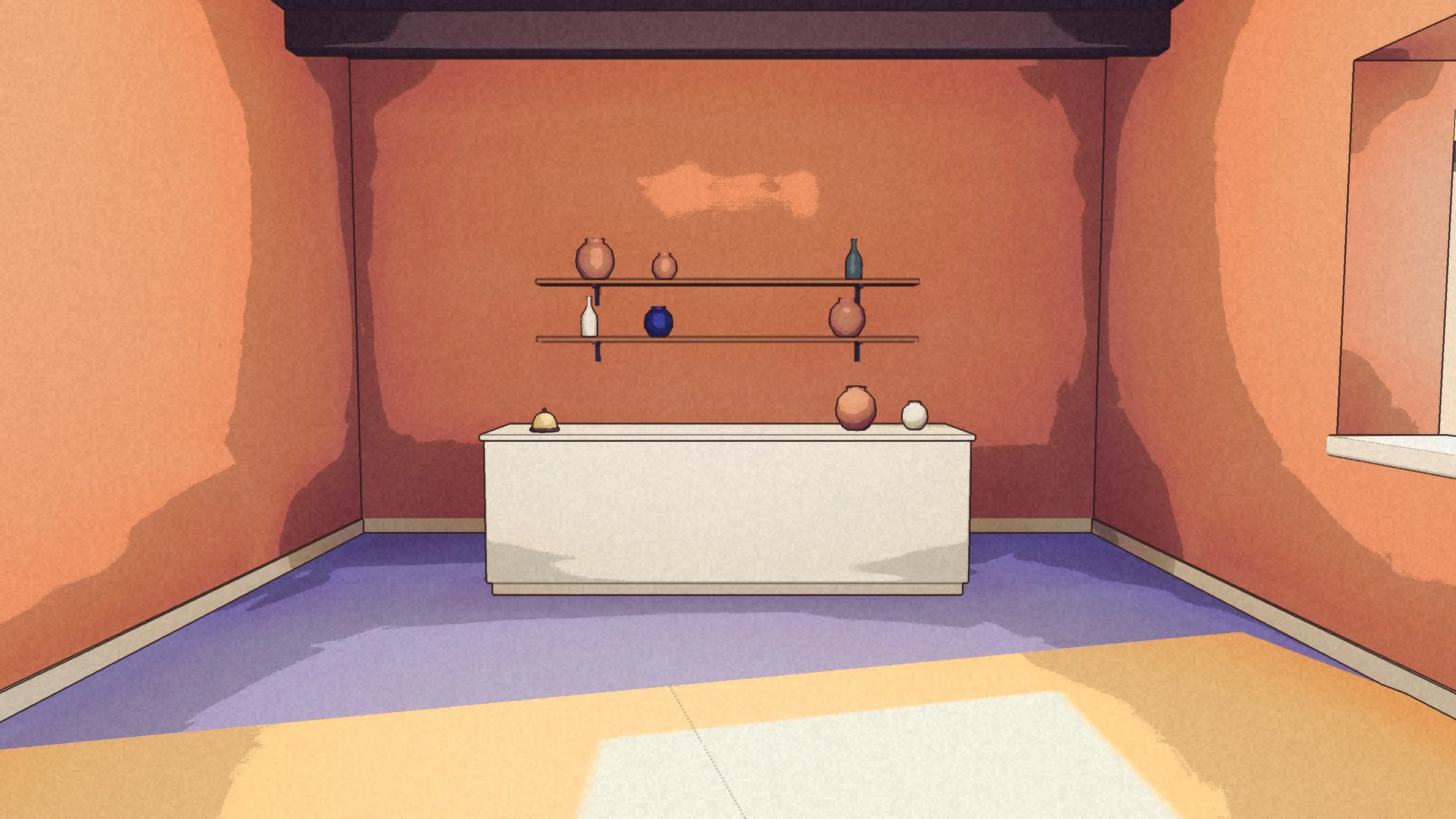 The shop interior from the door: the counter, the bell, shelves of jars and a bottle.