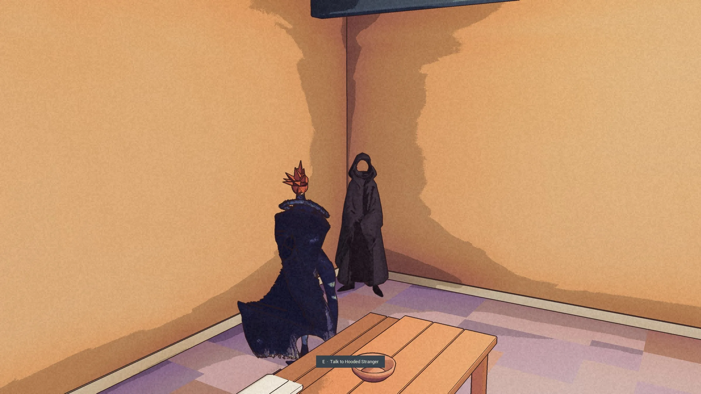 Kai faces the darker Hooded Stranger beside a table in the Rusted Cog.