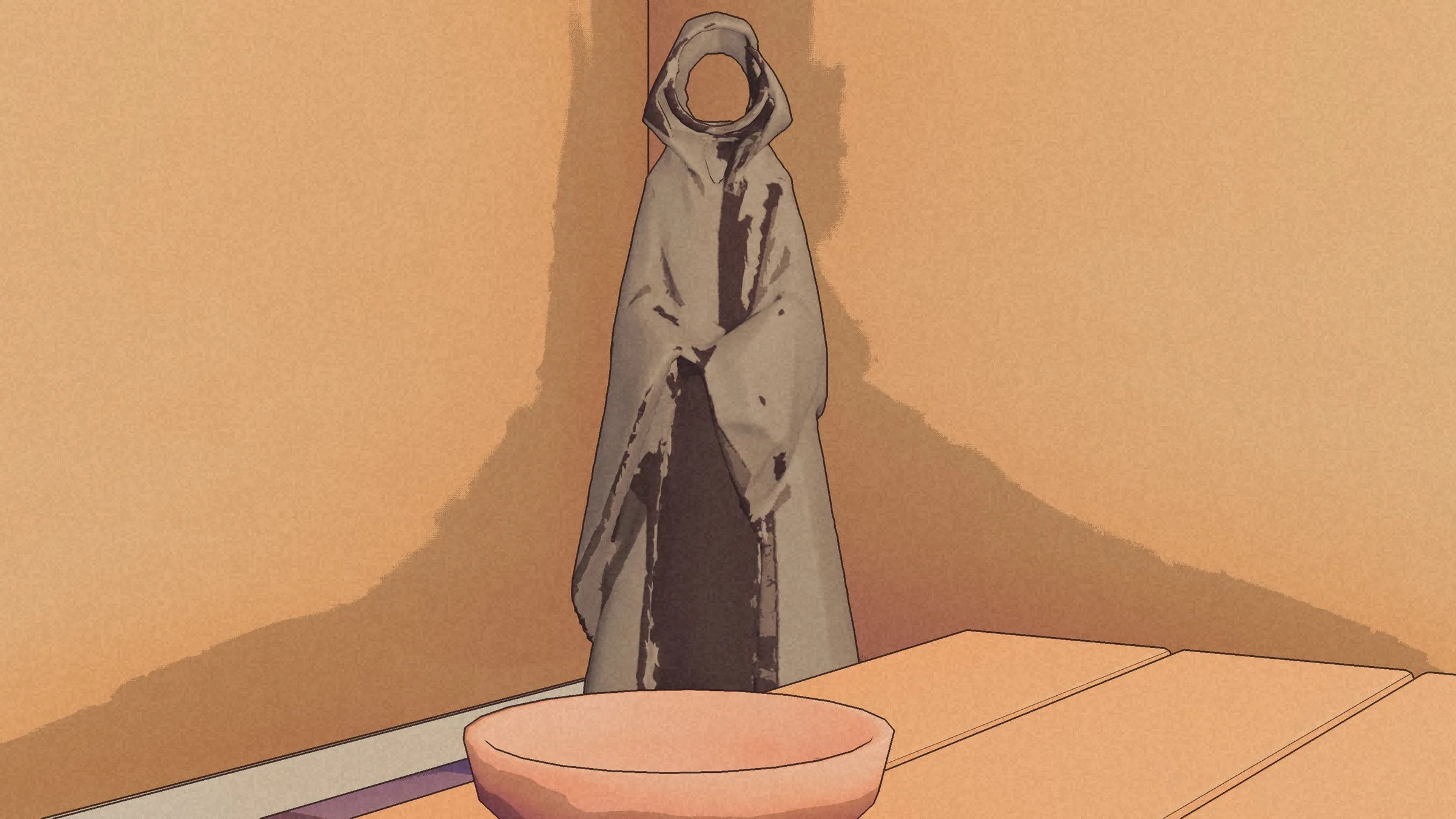 The Hooded Stranger in the Rusted Cog, a taupe cloak and an empty hood.