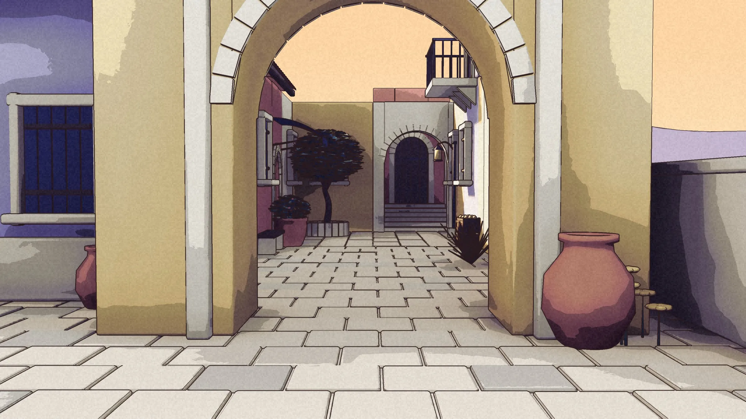 Looking through the arched gate from the plaza into the street.