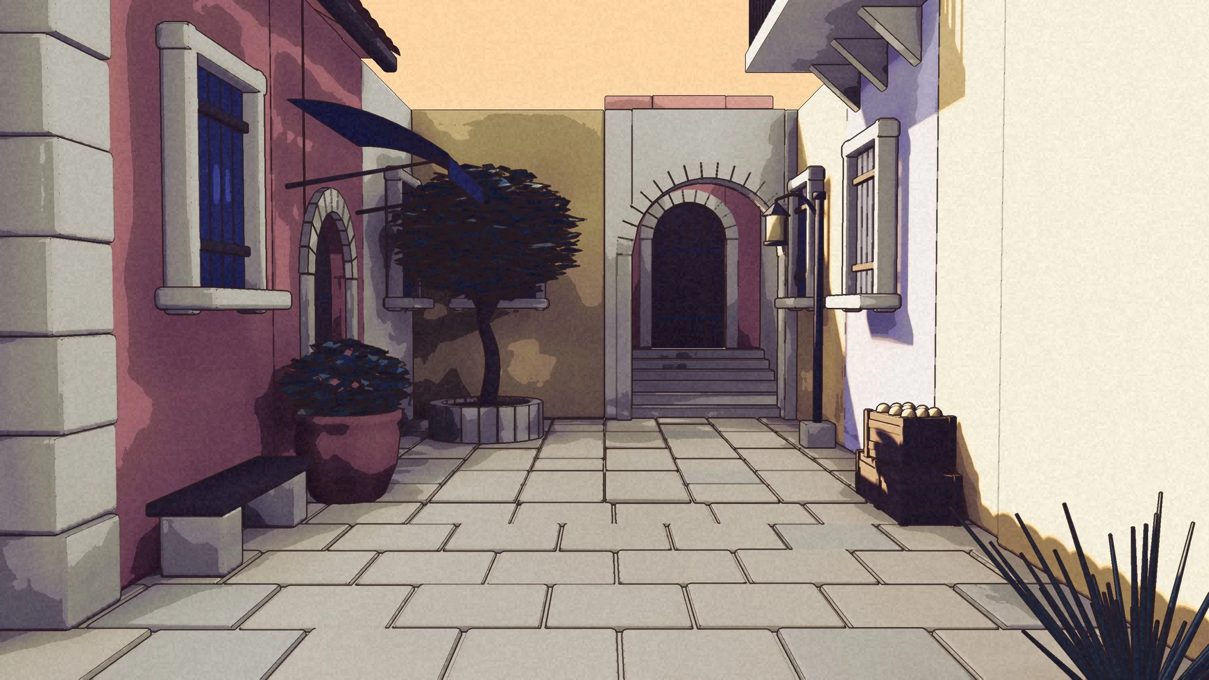A lane opening into the street with a tree and shuttered windows.