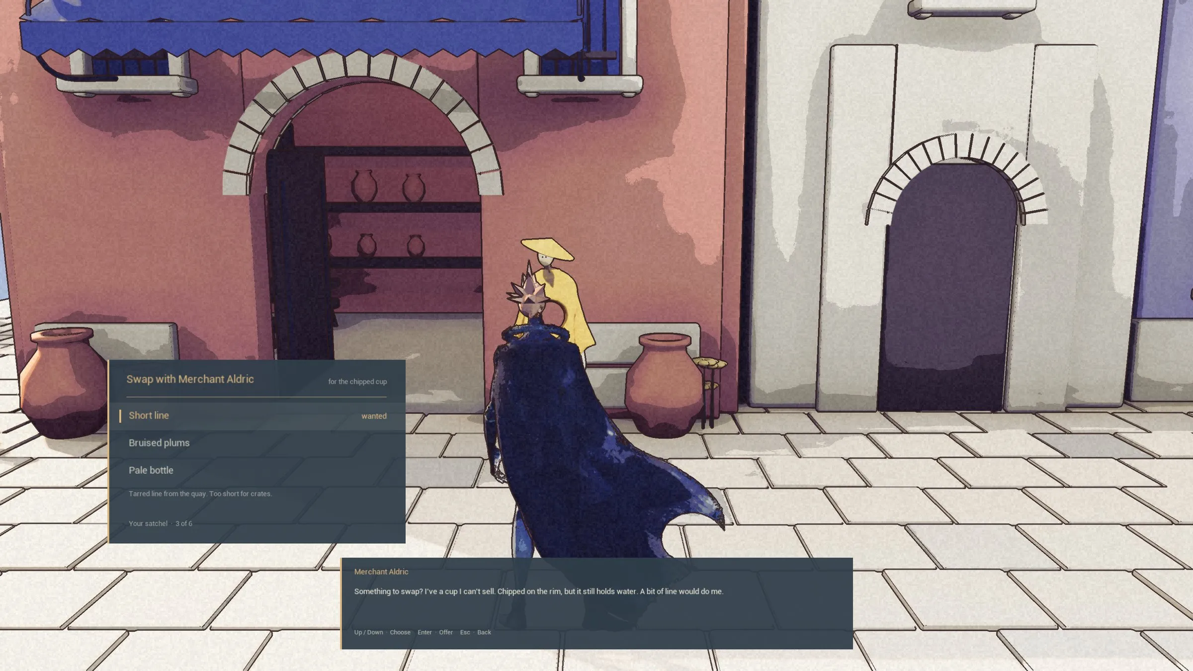 Merchant Aldric’s swap panel open at the shop door.