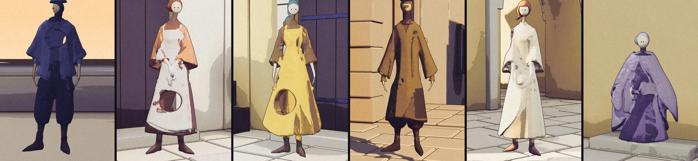 The six figures in the game, side by side, in the order of the drawing.