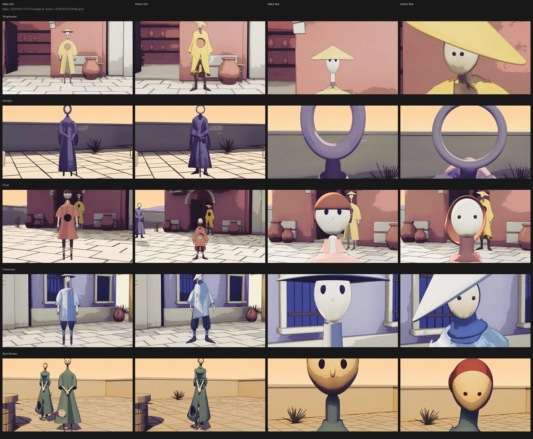 A sheet of five rows, one per resident, comparing the procedural figure and the drawn figure, full and close.